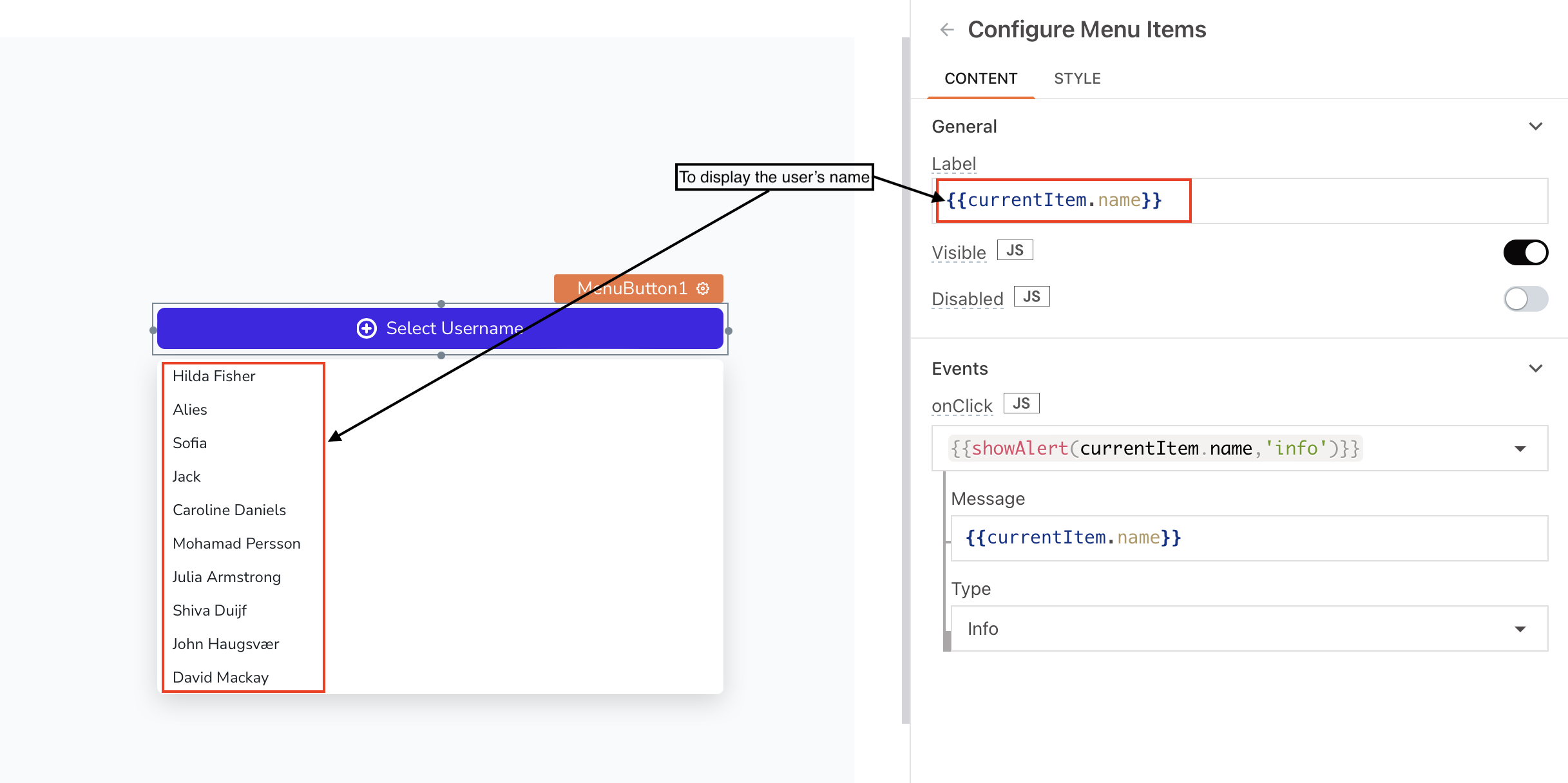 Display images on table row selection